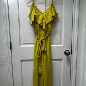 Bungalows Size S Chartreuse Ruffle V-Neck Belted Jumpsuit